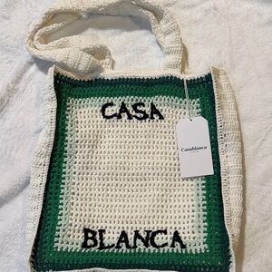 Casablanca Green and White Crochet Tote Bag